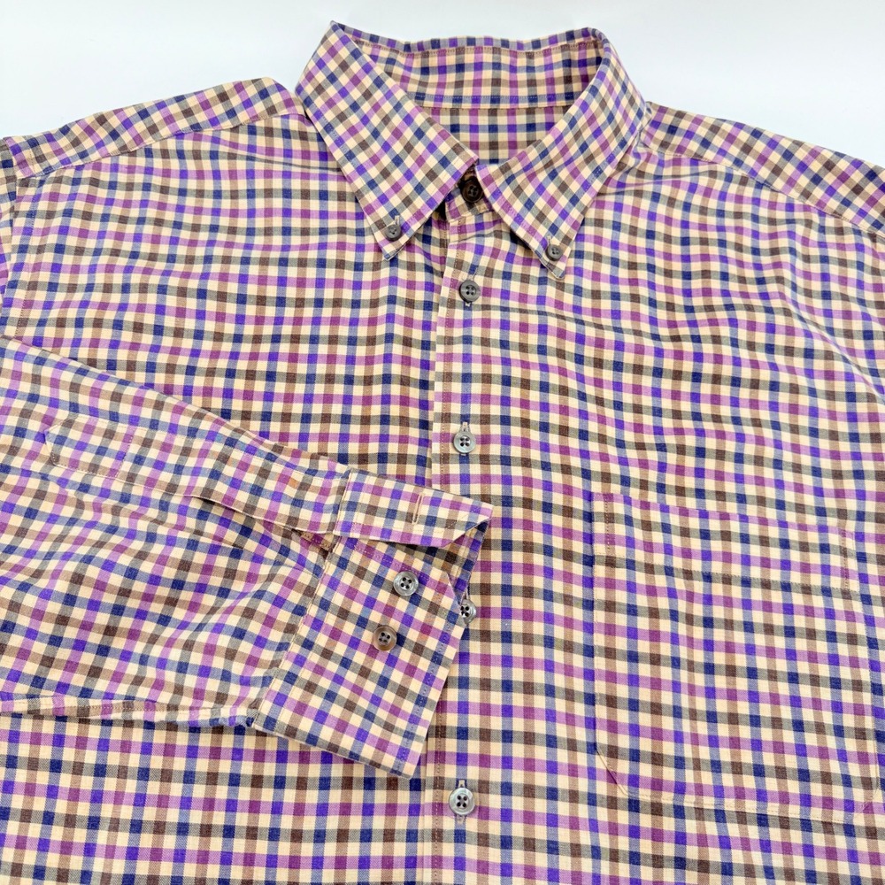 Scott Barber Button Down Shirt Men XL Cotton Purple Tan Gingham Check LS